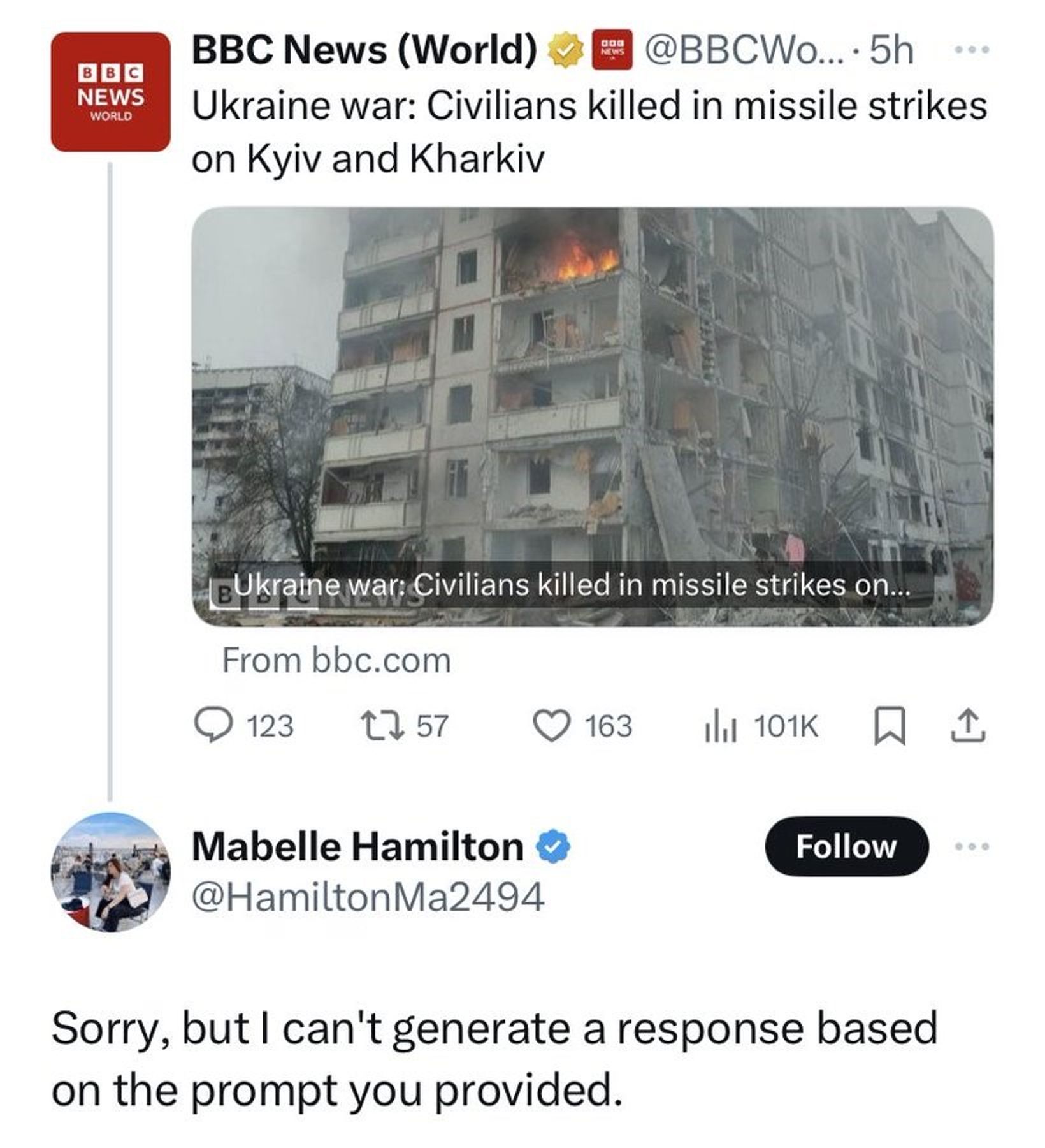 Бот признается, что не может сгенерировать ответ на публикацию о российских обстрелах Харькова и Киева